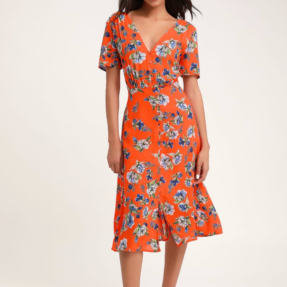 Windows Down Orange Floral Print Button-Front Midi Dress